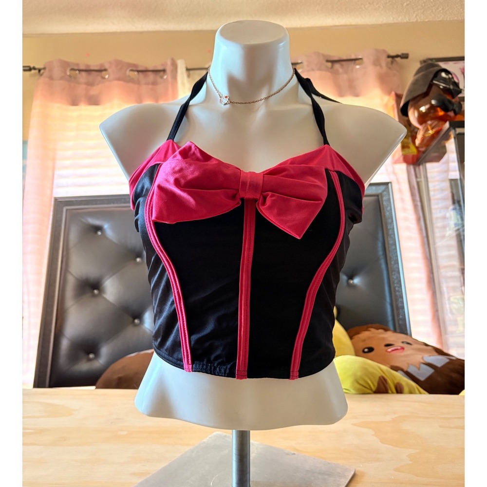 Y2K Sexy Scene Kelle Pink Black Bow Halter Crop Top Corset Womens M